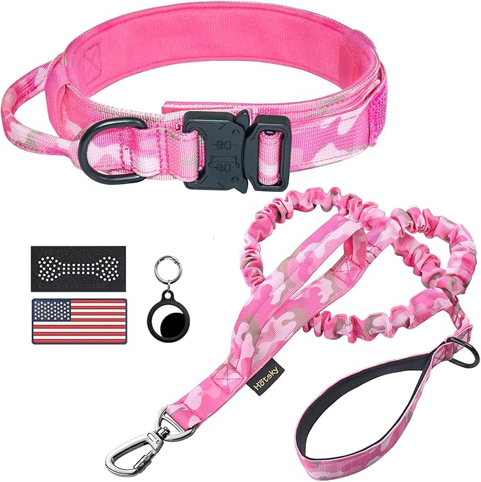 Hotsky Tactical Dog Collar and Leash Set, Heavy Duty Military Airtag Dog Collar with Handle and Metal Buckle for Training and Walking, with Airtag Holder and Two Patches (Pink Camo, M)