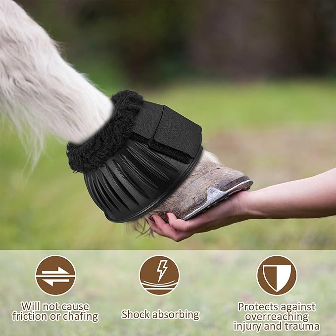 Abbylike 1 Pair Horse Bell Boots Protect Against Hoof Impact Trauma Rubber Bell Boots Black Horse Care for Turnout No Rub Design Comfort Quick Wrap Hook and Loop