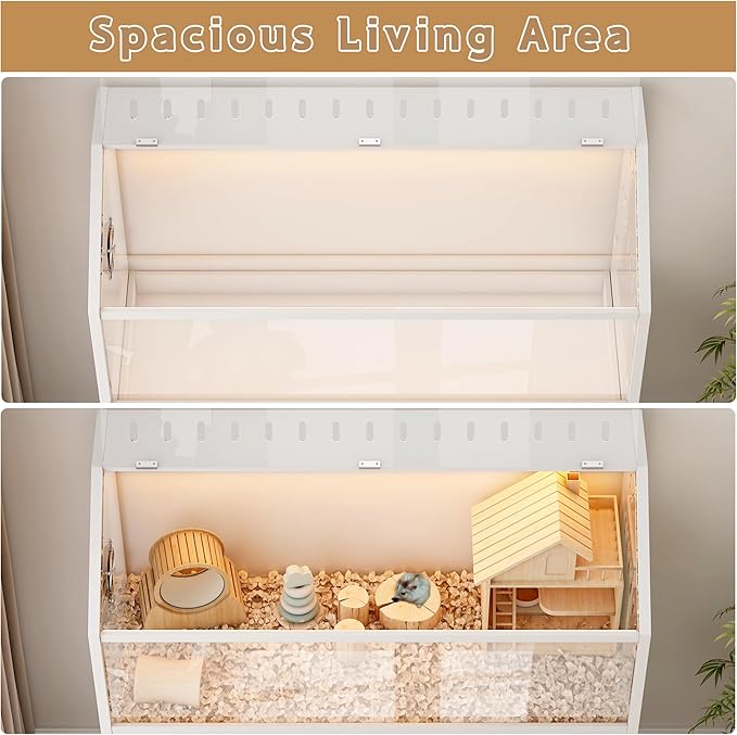 Pipleo Hamster Cage with Storage Cabinet, 43.3" Small Animal Cage with LED Lights and Fan, Easy View Acrylic Panel, Large Habitat for Guinea Pig, Ferret, Rat, Hedgehog
