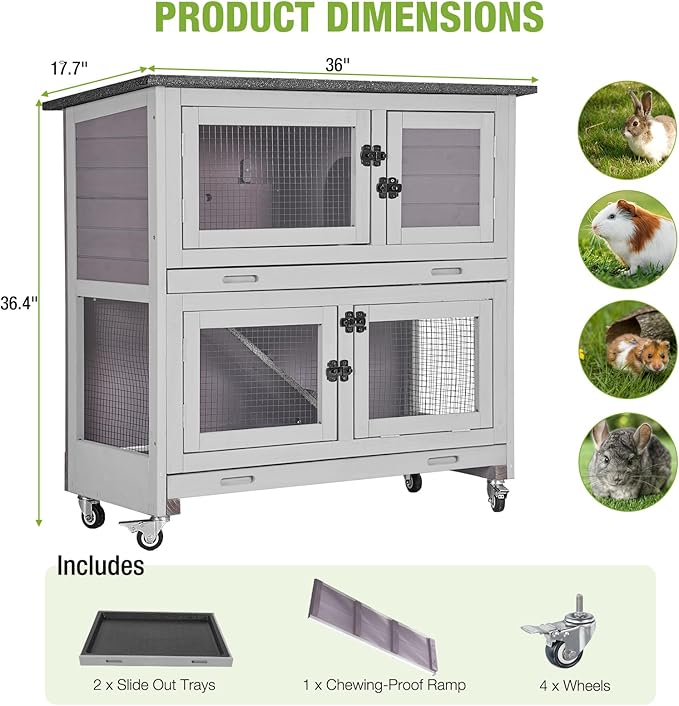 Gutinneen 2-Story Rabbit Hutch with Chew-Proof Ramp, 36" Indoor/Outdoor Rabbit Cage with 4 Casters & 2 Pull-Out Trays, Wooden Bunny Hutch Leakproof Small Animal Cage for Rabbits, Guinea Pigs