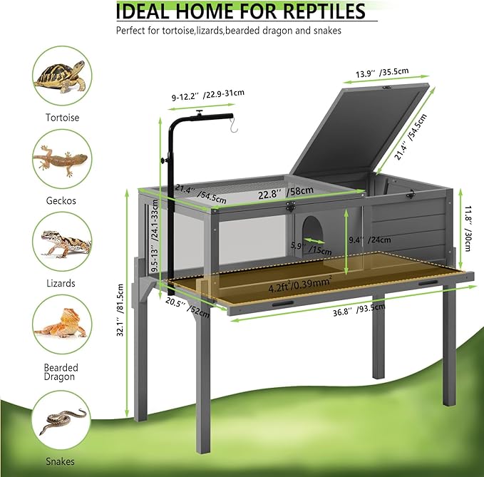 PRETZI Tortoise Habitat with Adjustable Lamp Holder, Turtle Enclosure Indoor/Outdoor, Wooden House for Small Animals, Large Reptile Terrarium Table with Detachable Legs (New Gray)