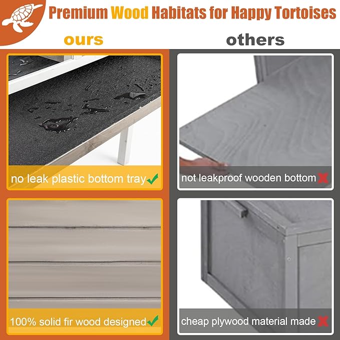 Ketive Tortoise Habitat Large Wooden Tortoise Enclosure Habitat with No-Leaking Tray Indoor & Outdoor, Reptile Cage for Small Animals TOR03-Grey