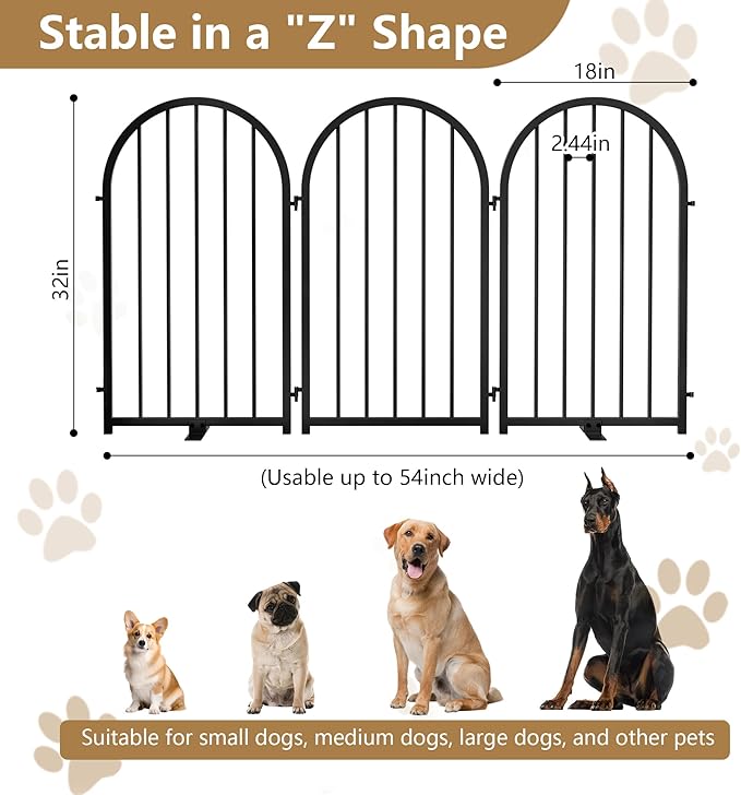 PUPETPO Full Metal Dog Gate for Indoor Outdoor, 32" Tall Free Standing Pet Dog Fence, 54" Wide Arched Pet Gates for Stairs, Hallways, Doorways, Kitchen, Decks, Yards (Black, 3 Panels)