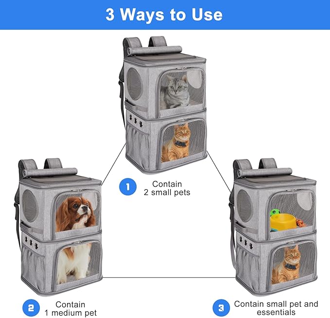 2-in-1 Extra Large Double Pet Carrier Backpack for Small Cats and Dogs, Portable Pet Travel Carrier, Super Ventilated Design, Ideal for Traveling/Hiking/Camping, XL