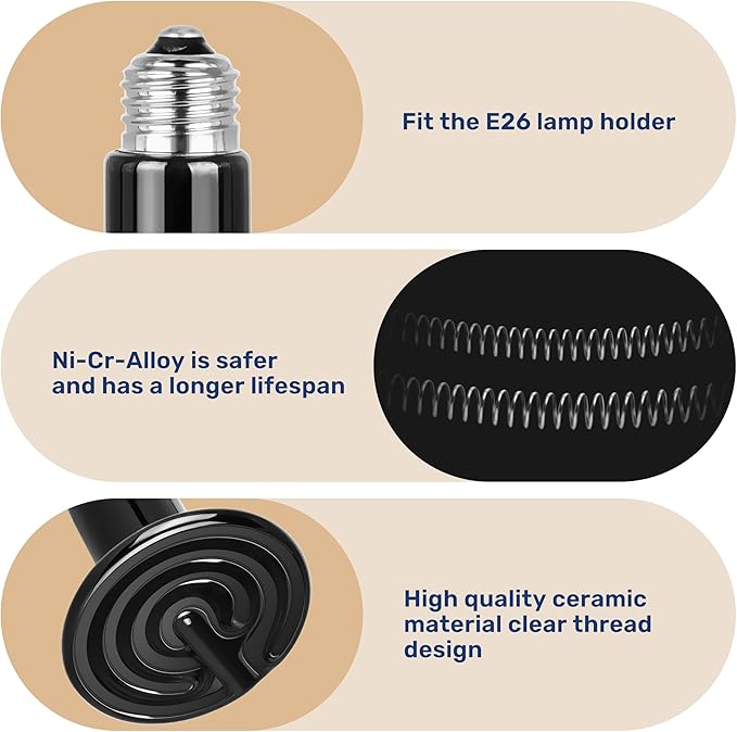 Reptile Heat Lamp 75W Ceramic Heat Emitter, No Light Emitting Heat Bulbs for Amphibian Pet Brooder Coop Incubating Chicken, Lizard Bearded Dragon Turtle Snake Terrarium, 2 Pack