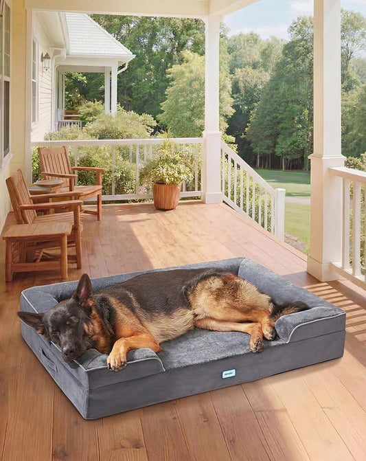 OhGeni Orthopedic Dog Bed Couch Big Cat Sofa for Extra Large Sized Pets with Memory Foam, Machine-Washable Waterproof Removable Cover, Soft Comfortable Fabric, 44-inch (Gray & Thickened Version)