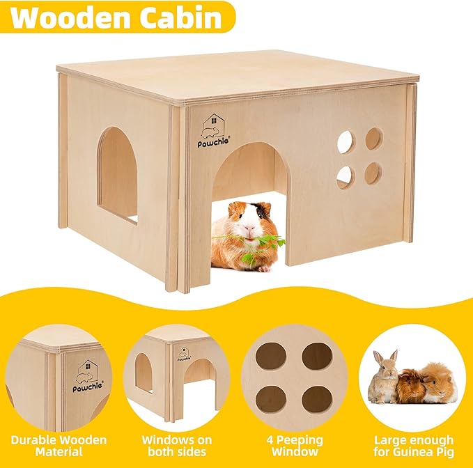 PAWCHIE Guinea Pig House Hide - Wooden Hideout for Chinchilla Small Animals, Habitat with Windows Guinea Pig Hamster Rat Living, Rectangular Hut with Pee Pad