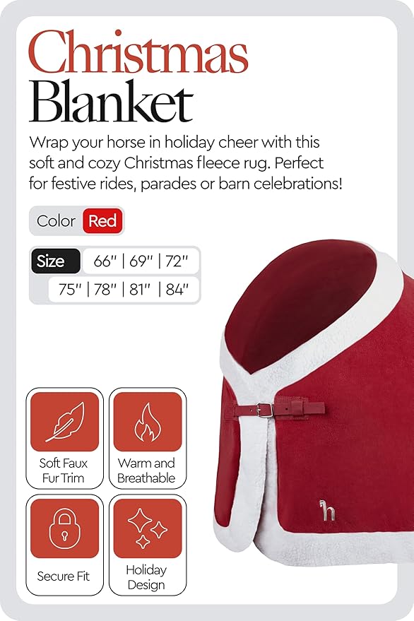 HORZE Santa Christmas Fleece Horse Cooler Blanket with Faux Fur - Red - 66 in