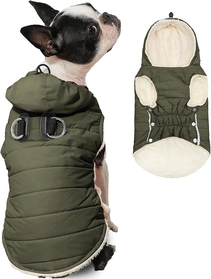Vecomfy Fleece Lining Dog Hoodie with Harness Built in,Extra Warm Medium Dog Jacket in Winter Doggie Coats with Drawstring Hooded,Green XL