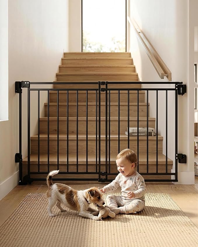 Extra Wide Baby Gate for Stairs Doorways & Kitchen,32"-54" W x 29" H, No Bottom Bar Dog Gate, One-Handed Auto-Close, Hardware Mount Safety Gate for Dogs & Toddlers, Black
