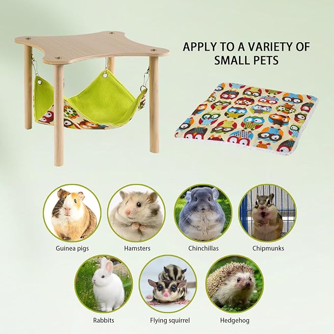 Guinea Pig Hammock with Soft Mat, Wooden Guinea Pig Hideout Toys with Double-Sided Hanging Hammock Bed for Hamster Chinchilla Rat Bunny Ferrets Sleeping Hiding