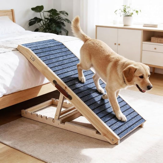 ZJSF Foldable Wooden Dog Ramp for High Bed, Dog Stairs for Small Dogs, High Traction Platform with 5 Adjustable Heights (13"-23.5"), 40", Supports up to 150 lbs