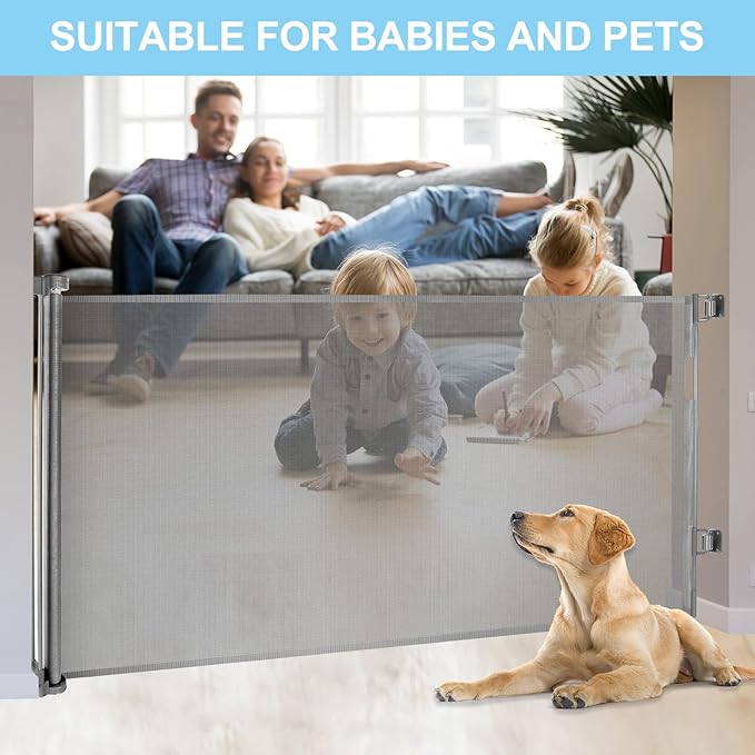 80 Inch Wide Baby Gate for Stairs Prevent Kid/Pet from Getting Through Retractable Outdoor Safety Gates for Toddlers Retractable Scratch-Resistant Mesh Dog Gate Indoor Doorway Gates for Pets, Gray