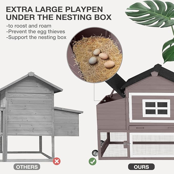 Wooden Chicken Coop with Run, Mobile Chicken House with Wheels, Outdoor Hen Poultry Cage with Leak-Proof Tray and Nesting Box, Lager Chicken Coops with UV-Resistant Roof for 2-3 Chickens (Brown