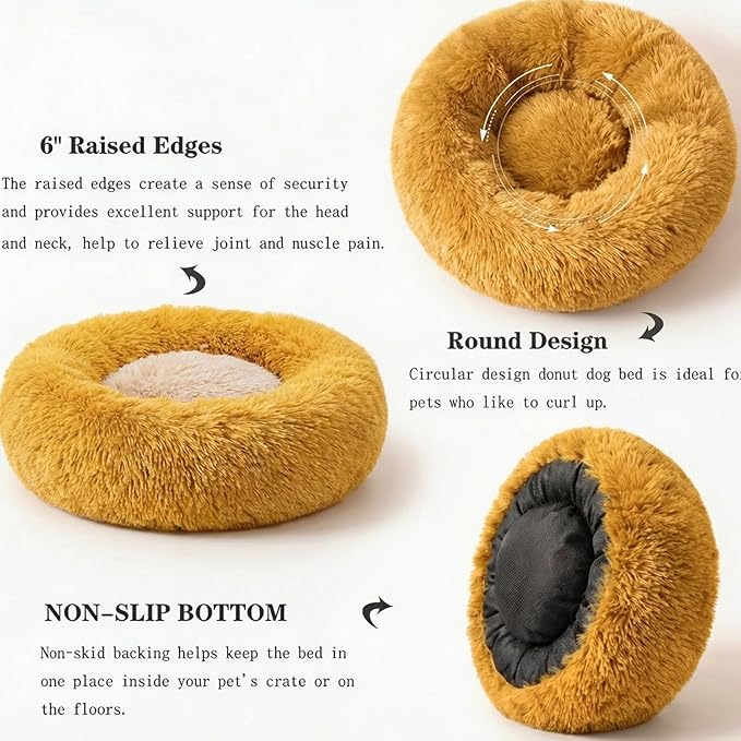 Calming Donut Dogs Beds for Small Dogs Washable,23inch Plush Round Pet Bed for Cozy Sleep,Fluffy Faux Fur Large Cat Bed,Fits up to 25 lbs Pets,Orange