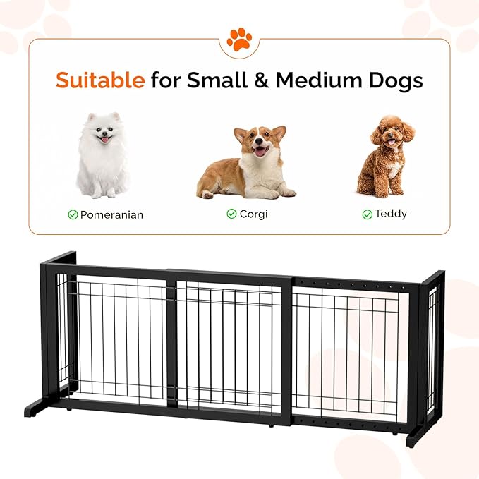 Bonnlo Free Standing Dog Gate, 37" - 68" Wide Pet Gate for Fireplace Stairs Doorways, Wooden Adjustable Pet Fence Indoor, Christmas Tree Gate (Black)