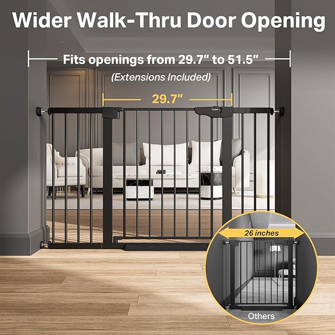 Cumbor 2 Pack 29.7-51.5" Extra Wide Baby Gate for Stairs, Easy Walk Through Dog Gates for Doorways, Pressure Mounted Pet Gate Indoor, Safety Auto-Close Child Gate for Kids with 4 Wall Cups, Black