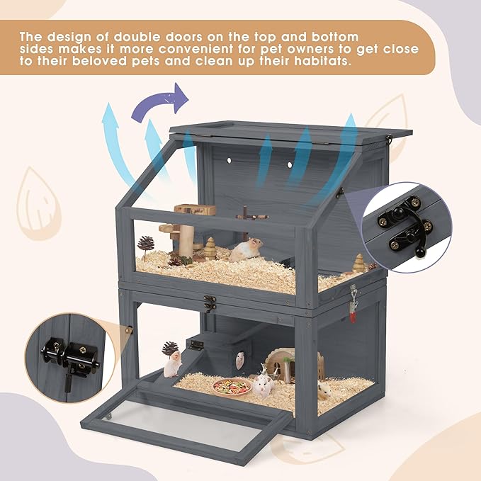 COZIWOW 2-Tier Wood Hamster Cage, Guinea Pig House with Hideouts, Ramps, Acrylic Window, Door Access, Detachable Squirrel Cage for Hedgehogs Gerbils Mice Small Animals, Gray