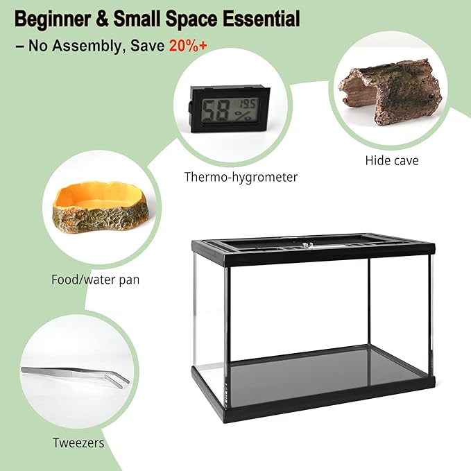 5-in-1 Small Reptile Glass Terrarium Kit 12x8x8in Full View Reptile Enclosure Tank w/Thermo-Hygrometer, Hide & Tongs for Jumping Spiders, Tarantulas, Hermit Crabs & Dwarf Geckos