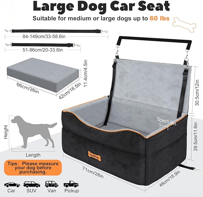 VavoPaw Dog Car Seat for Medium Dog, Dogs Booster Seat Under 50Lbs or 2 Small Dogs Washable, Pet Car Seats with 2 Safety Leashes, Pets Sofa Bed Cushion Add Thick Sponge, Pet Cars Carrier for Travel