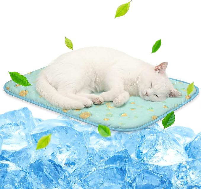 NWK Pack of 4 Pet Cooling Mat -Q-Max>0.345 Ice Silk Cooling Mat for Dogs & Cats Portable & Washable Pet Cooling Blanket, Car Seats, Beds for Summer (4pcs, Green Fruit, 20'' X 16'' X 0.3'')