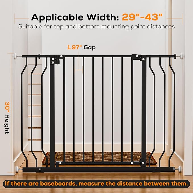 29-43" Baby Gate for Stairs, Baby Safety Essentials, Auto Close Gate for Doorways, Easy Install Pressure Mounted Dog Gate Indoor, Pet Gates for Dogs, Black