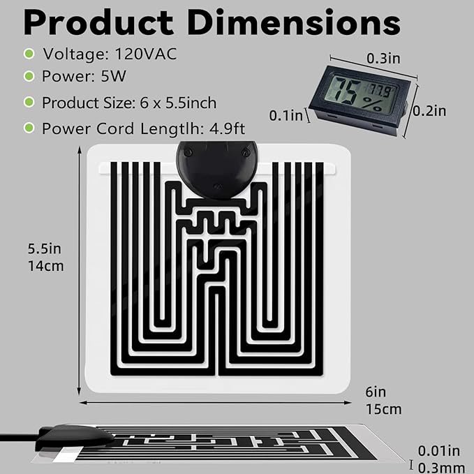 Hamiledyi Reptile Heat Pad Heating Pad Under Tank Hermit Crab Heater Hygrometer Thermometer Heat Mat for Lizard Snake Gecko Turtle Frog Spiders (5W)