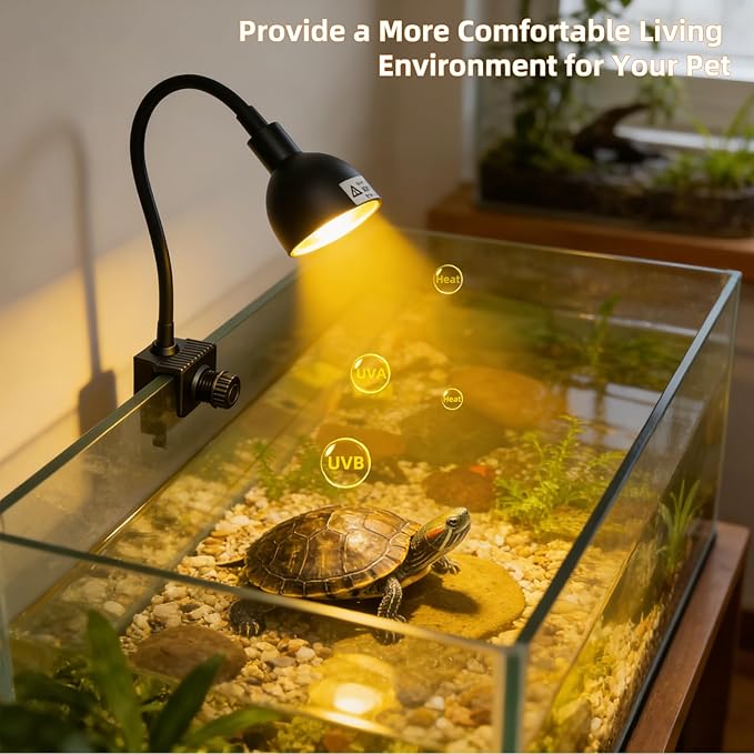 COOSPIDER 50W Reptile Heat Lamp with Clamp & Timer, Small Turtle Basking Light Fixture 360° Rotatable Hose with 2 Spare G9 Base Bulbs for Plants Small Reptiles Bearded Dragon Lizard Snake