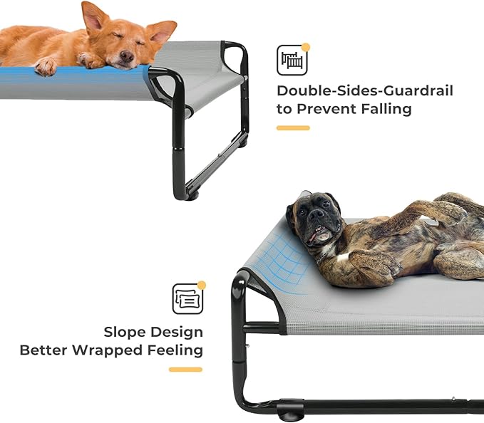 Veehoo 35" Medium Raised Dog Bed, Washable Dog Cot with Headrest Sides, Outdoor Elevated Dog Bed with Non-Skid Feet, Breathable Mesh, Portable Pet Hammock for Indoor or Camping, Grey