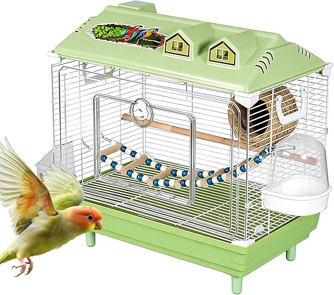 Parakeet Bird Cage, Clear Portable Cockatiel Carrier, Medium Bird with Wooden Perch, Acrylic Lightweight with Removable Tray, Pet with Travel Handle, Indoor Cage for Conures Macaws