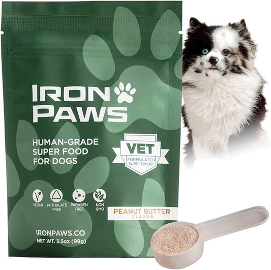 Human-Grade Superfood for Dogs, Premium Greens Powder Supplement for Dental Health, Longevity, Hip & Joint, Gut Health, Allergies, Immune Support, Skin & Coat - Peanut Butter - 3.5 oz