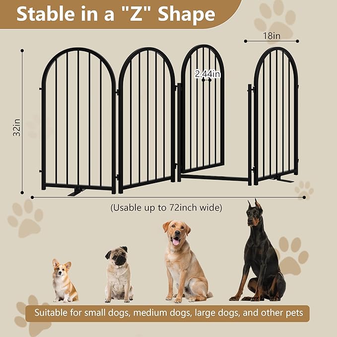 PUPETPO Full Metal Dog Gate with Door for Indoor Outdoor, 32" Tall Free Standing Pet Dog Fence, 72" Extra Wide Pet Gates for Stairs, Hallways, Doorways, Kitchen, Decks, Yards (Black, 4 Panels)