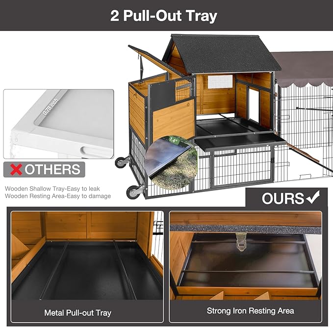 Large Chicken Coop with Run, Wooden Chicken House with Wheels, Hen Poultry Cage with All-Around Iron Frame for 6-8 Chickens, Chicken Tractor with Nesting Boxes and Metal Sliding Tray