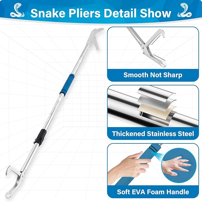 Snake Grabber Tool, 69" Snake Tongs Grabber for Rattlesnake Heavy Duty Professional Folding Snake Feeding Tongs Wide Jaw Snake Handling Tool Long Hndle Stainless Steel Tube Sponge Handle