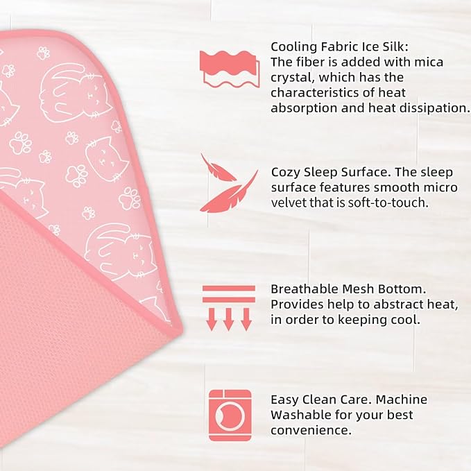 NWK Pet Cooling Mat -Q-Max>0.345 Ice Silk Cooling Mat for Dogs & Cats Portable & Washable Pet Cooling Blanket, Car Seats, Beds for Summer (Pink Cat, 27'' X 20'' X 0.3'')