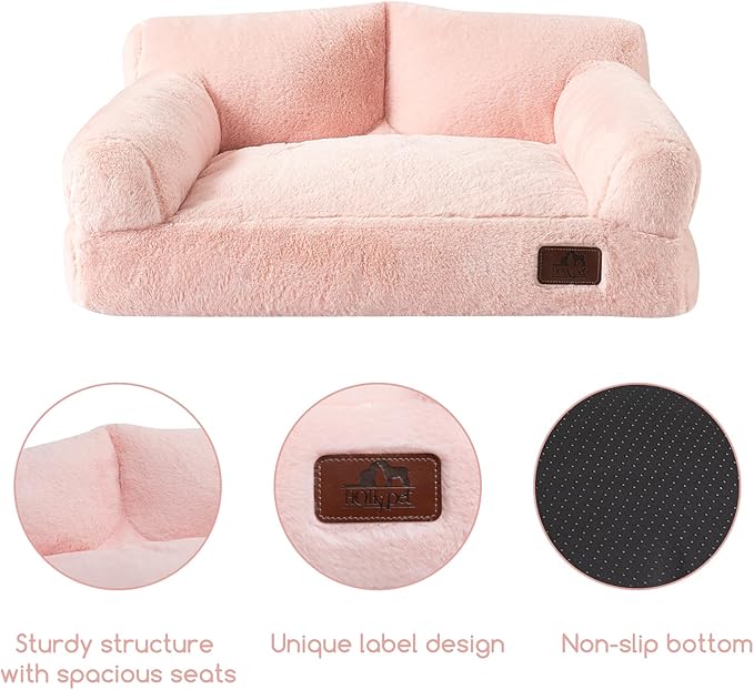 Hollypet Fluffy Dog Cat Bed Pet Couch Beds Plush Soft Warming Washable Puppy Bed for Small Medium Dogs and Large Cats, Pink, 24" L x 18" W x 10" Th