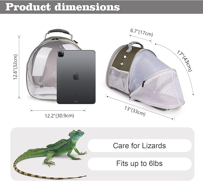 WEVONIGU Expandable Small Animal Backpack Carrier with Clear Bubble Window Large Space Travel Cage for Hedgehog Rat Parrot,Bearded Dragon,Sugar Glider,Airline Approved (Army Green, BE Backpack)