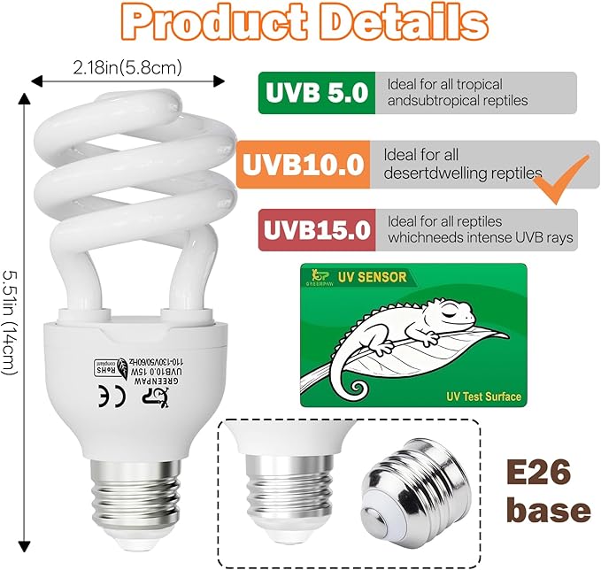 UVB Light for Reptiles 10.0: Bearded Dragon UVB Light for Desert Habitats,15W UVA UVB Reptile Light Bulb for Lizards Tortoises,Terrarium Compact Fluorescent Lamp-UVB Bulbs with Free UV Sensor Card