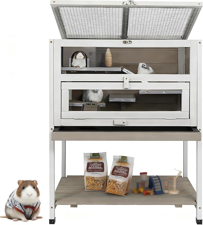 Ketive Wooden Hamster Cage Indoor with Stand and Storage Shelf, 3-Tier Small Animal Habitat with Clear Front Window, Openable Top, Anti-Chew Ramps, Hideout House, Deep Pull-Out Tray Guinea Pig cage