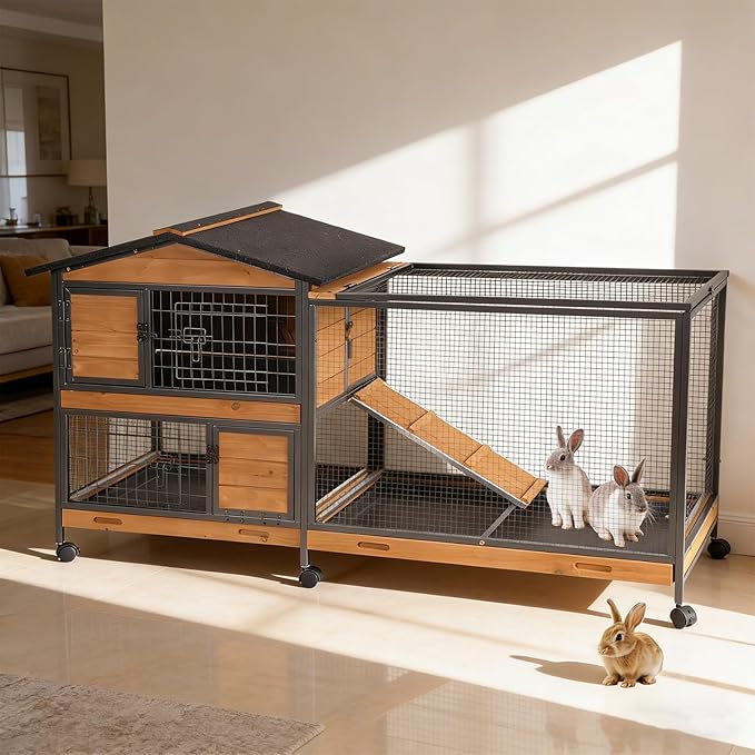 Large Rabbit Hutch Indoor Outdoor, Wooden Bunny Cage with Metal Frame, Chew-Proof Ramp, 3 Leakproof Pull-Out Trays, Rolling Wheels with Locks, Multi-Door Easy Access Small Animal Cage