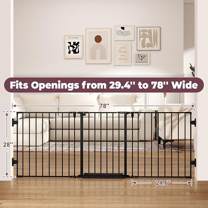 29.4-78" Extra Wide Baby Gate, Long Dog Gates Indoor for Doorways Stairs, Essential Large Safety Gate for Child Toddler with Anti-Trip Pedal, Adjustable Pet Gate, 28" Tall 3 Metal Panels Black
