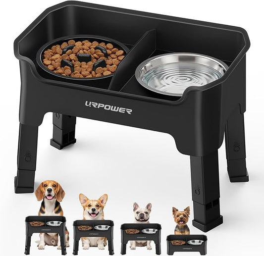 URPOWER Mess Proof Elevated Dog Bowls, High Wall Splash Guard Design, 4 Height Adjustable Raised Bowl Stand, 2 Stainless Steel Bowls, Non-Slip Food Water Set for Small, Medium Dogs