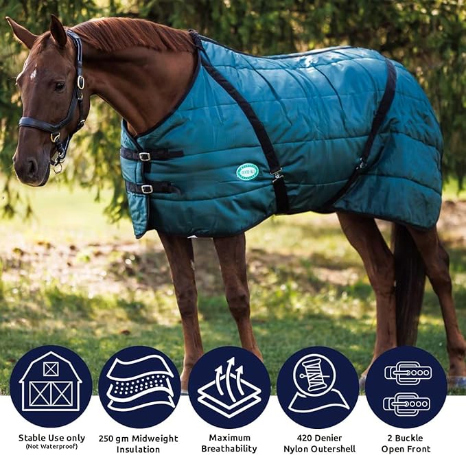 Country Pride Sentinel Channel Quilt Horse Stable Blanket, Midweight Open Front, 420D Nylon Outer Shell, 250g Poly-Fill Insulation, Wither Protection, Adjustable Leg Straps, Bias Surcingle (72,Green)