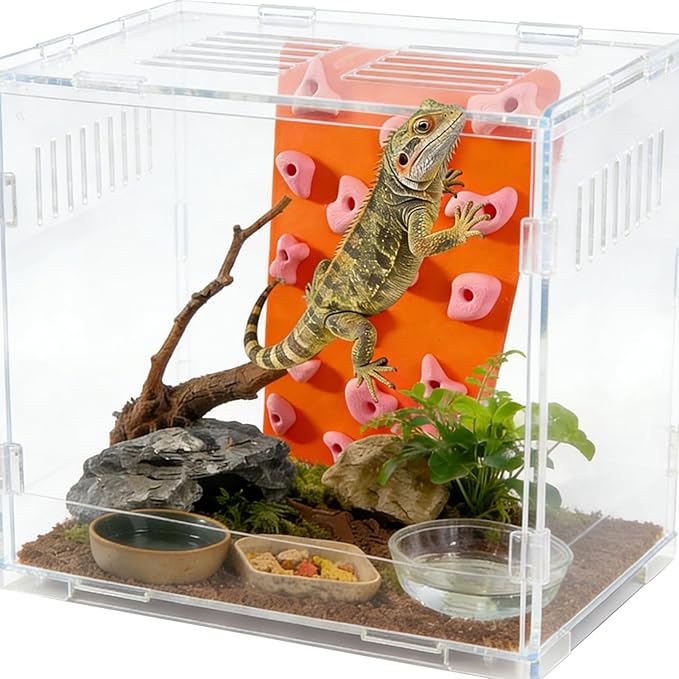 Mini Reptile Rock Climbing Wall, Terrarium Enclosure Enrichment & Habitat Décor for Bearded Dragons, Geckos, Lizards, Snakes, Tree Frogs and Small Amphibians (Orange & Pink)