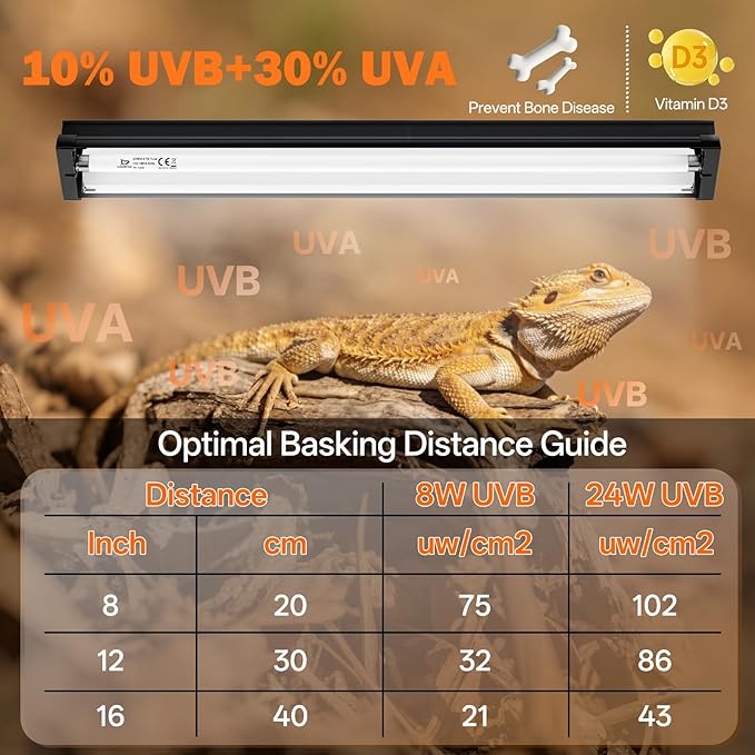 T5 UVB Reptile Light Fixture Combo Kit 24W: 10.0 UVB Light for Reptiles Terrarium Hood Comes with Ho UVB Lamp, 22'' Linear UVB Light Bar for Desert Bearded Dragon,Turtle,Gecko - UV Sensor Test Card