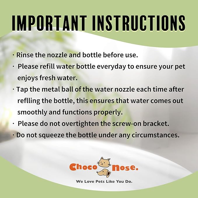 Choco Nose Patented No-Drip Water Bottle/Feeder for Guinea Pigs/Hamsters/Bunnies/Ferrets/Other Small Pets, Critters and Animals - for Cages, Crates or Wall Mount. 10.2oz. Nozzle 10mm, Green 2pk(C128)