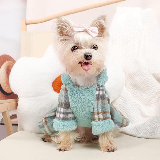 Dog Hoodie Dress Winter Pet Sweaters for Small Dogs Girl Cold Weather Warm Puppy Dresses Plaid Pet Clothes Outfits for Chihuahua Yorkie Teacup Cat Skirt Coat Apparel Clothing (Medium, Blue)