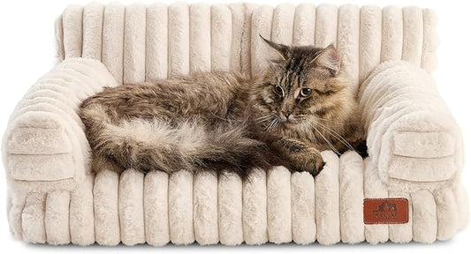 Hollypet Fluffy Dog Cat Bed Pet Couch Beds Plush Soft Warming Washable Puppy Bed for Small Medium Dogs and Large Cats, Cream, 24" L x 18" W x 10" Th