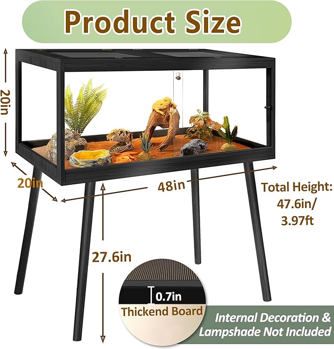PROLEE Reptile Enclosure with Leg, 82 Gallons Bearded Dragon Tank, Tempered Glass Lizard Tank with Metal Mesh Tops and Lockable Door, Spacious Reptile Habitat for Snake,Lizard (Black)