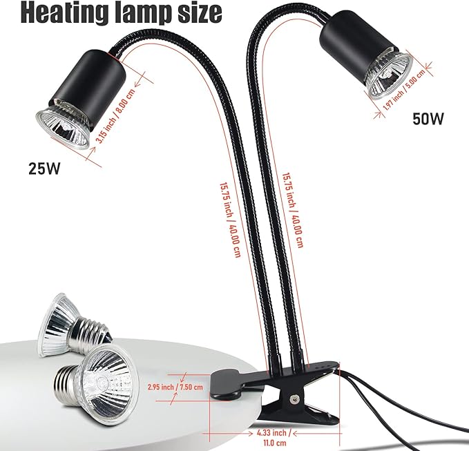 TFNN Reptile Heat Lamp, Double-Head Heat Lamp with Clamp, UVA UVB Reptile Light with Intelligent Cycle Timer for Turtle, Bearded Dragon, Lizard and More, 2 Bulbs 25W+50W